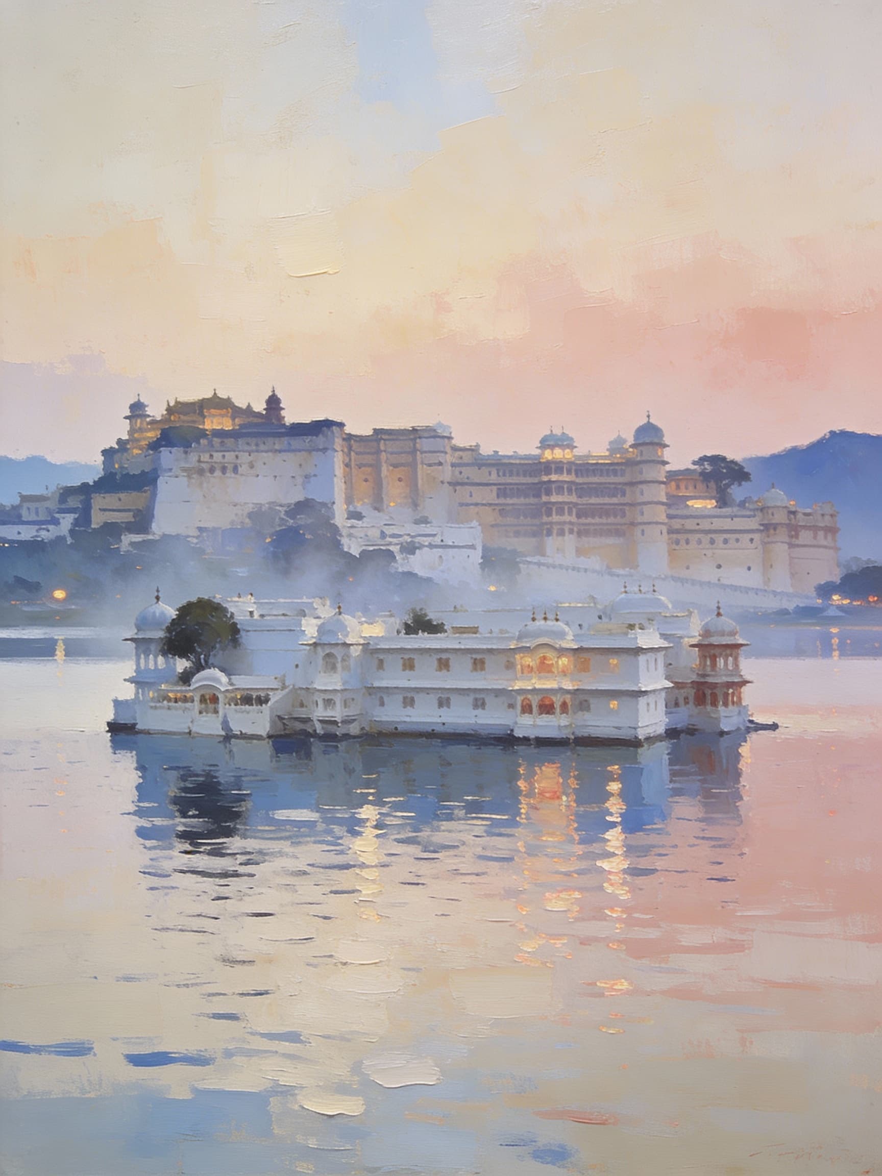 Udaipur palace on the lake at golden hour